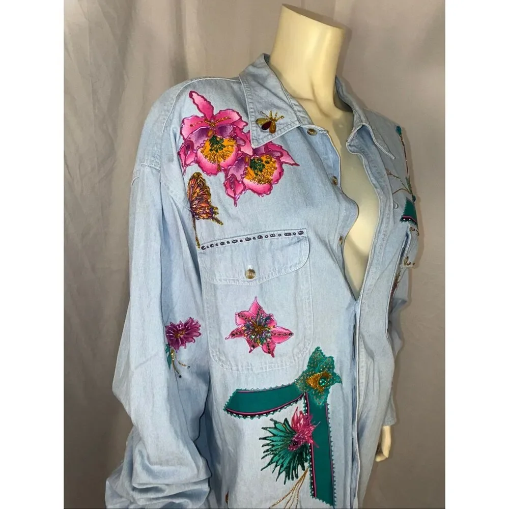 Basic Editions Oversized Denim Shirt 3X – Hand Embellished Floral & Butterfly We